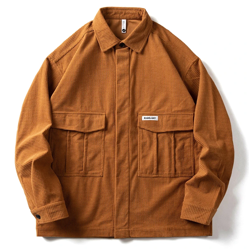 Camisa waffle cargo vintage masculina, roupa japonesa, moda coreana, streetwear, casaco da moda, plus size, harajuku, blusa casual de lapela preta