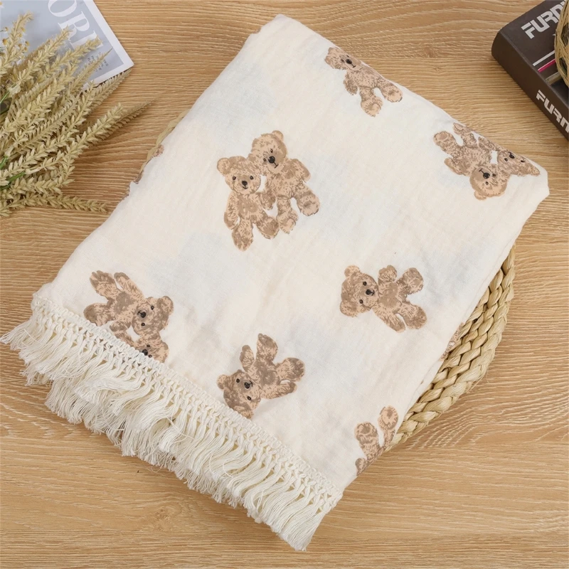 Cute Bear Muslin Squares Cotton Baby Blanket for Newborn Plaid Infant Swaddle Blanket Babies Accessories Bed Summer Comforter