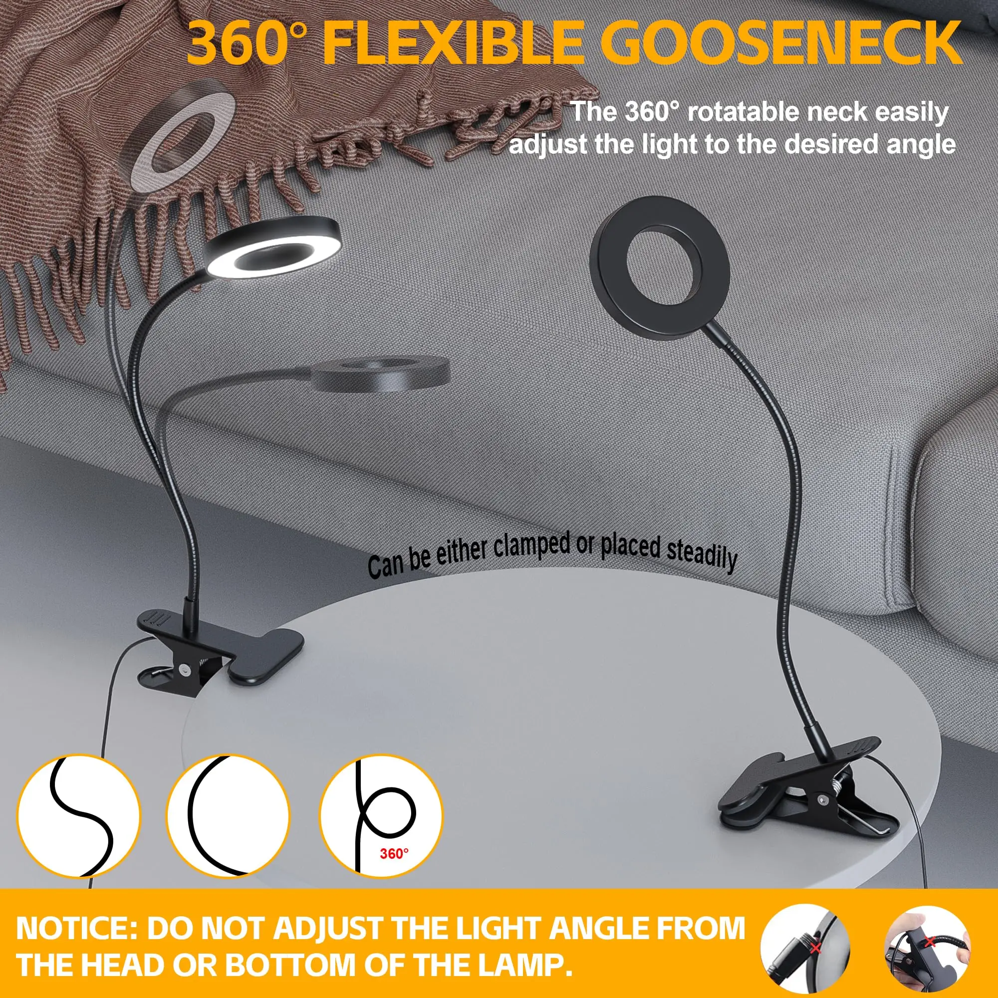 Bedside Reading Lamp w/3 Color Modes,10 Brightness Levels,USB Powered Clip On Nightstand Light,Flexible Gooseneck,Bedroom,Dorm