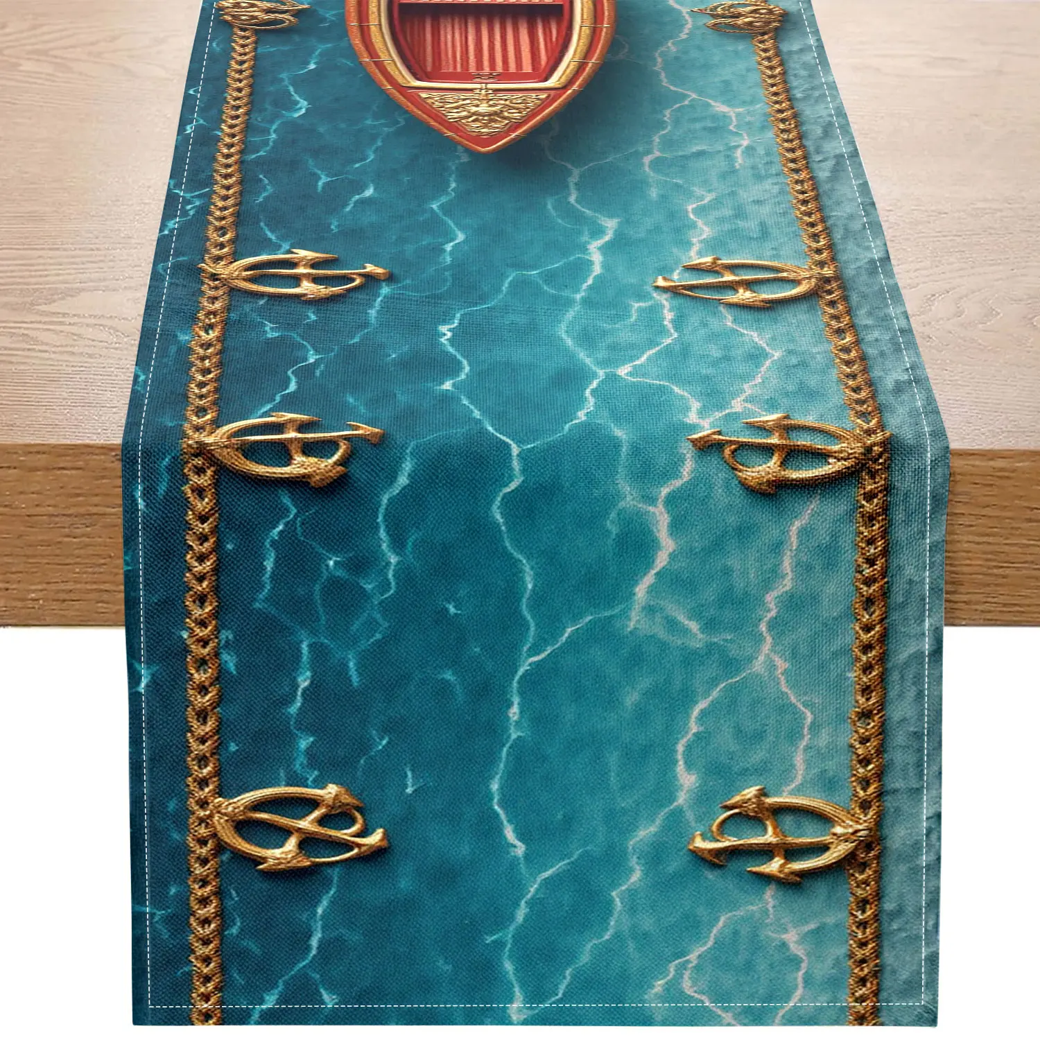 1 Piece of Ocean-Themed Table Runner, Decorated with Light Blue Water Surface, Fishing Boats, and Fishing Hooks, Suitable for Fresh Style Decoration