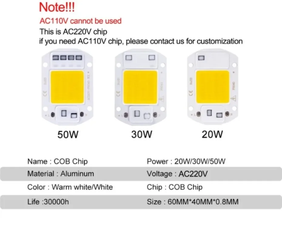 10W 20W 30W 50W LED COB Lamp Bead AC 220V 110V IP65 Smart IC No Need Driver DIY Flood light Led Bulb Spotlight Outdoor Chip Lamp