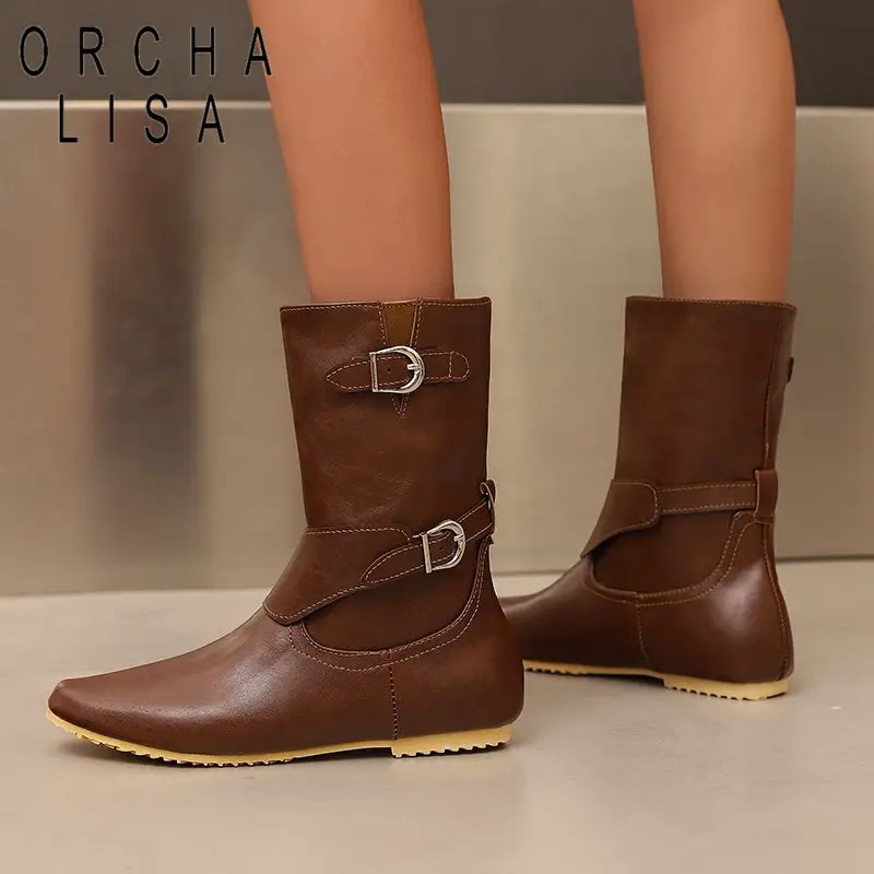

ORCHA LISAFashion Mid Calf Boots Women Round Toe Slip On Belt Buckles Large Size 45 46 47 48 US14 Leisure