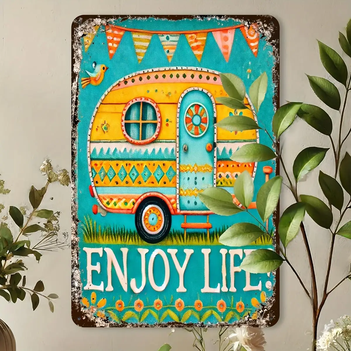 Happy Camper Enjoy Life Sign | Vintage Travel Trailer Campsite Decor Metal Plaque, Tin Foil, Art Deco Style, Wall Hanging