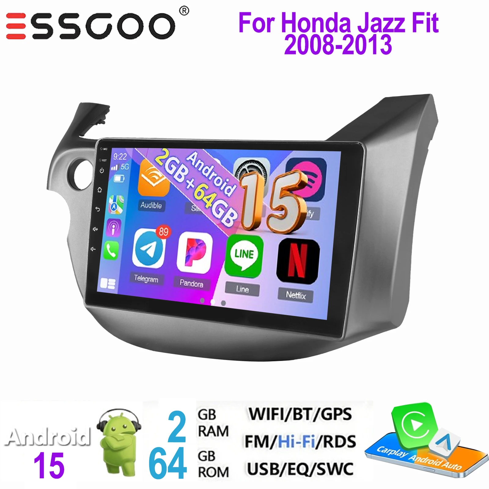 ESSGOO 2 DIN autoradio voor Honda Jazz Fit 2008-2013 Android 15 met draadloze Carplay, Android Auto, GPS, NAVI, WIFI, SWC, RDS, FM, ASP