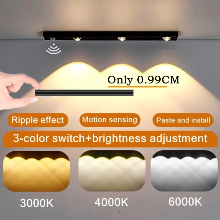 3 Color Motion Sensor LED Cabinet Lighting Night Light USB Rechargeable Lamp for Kitchen Wardrobe Lighting 30cm/40cm/50cm LEDs