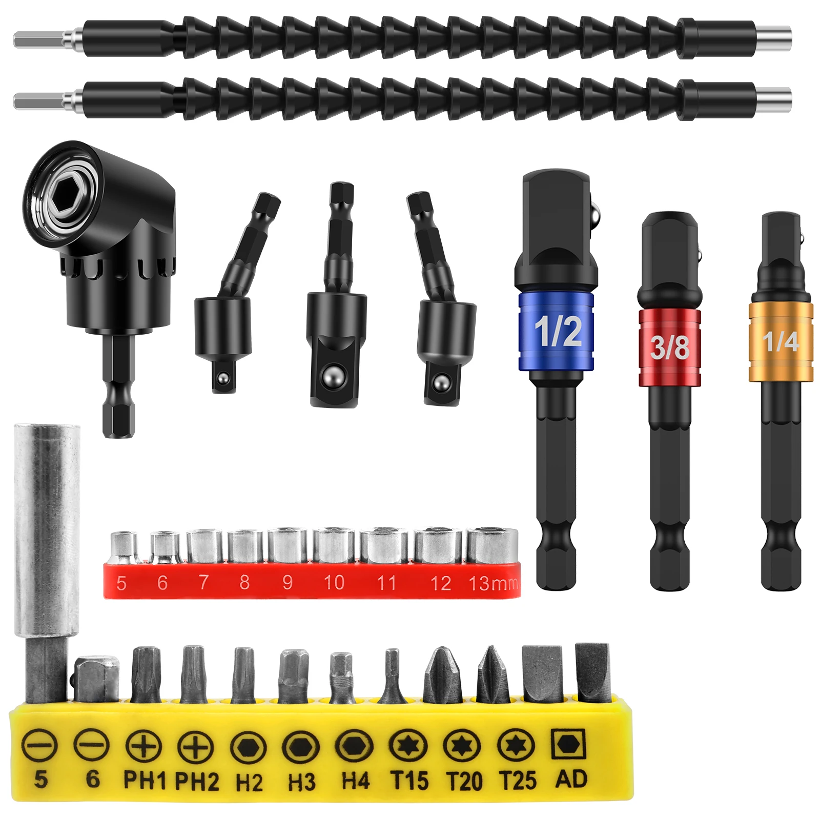 30Pcs Flexible Drill Bit Extension Kit Quick Release Soft Shaft Screwdriver Kit with 12 Screwdriver Bits 9 Hex Drive Socket