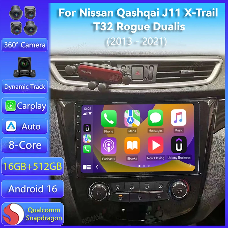 Radio para Auto con Android 16 y Carplay para Nissan Qashqai J11 X-Trail Xtrail T32 Rogue Dualis 2013-2021, Reproductor de Navegación, Estéreo para Auto, Bluetooth