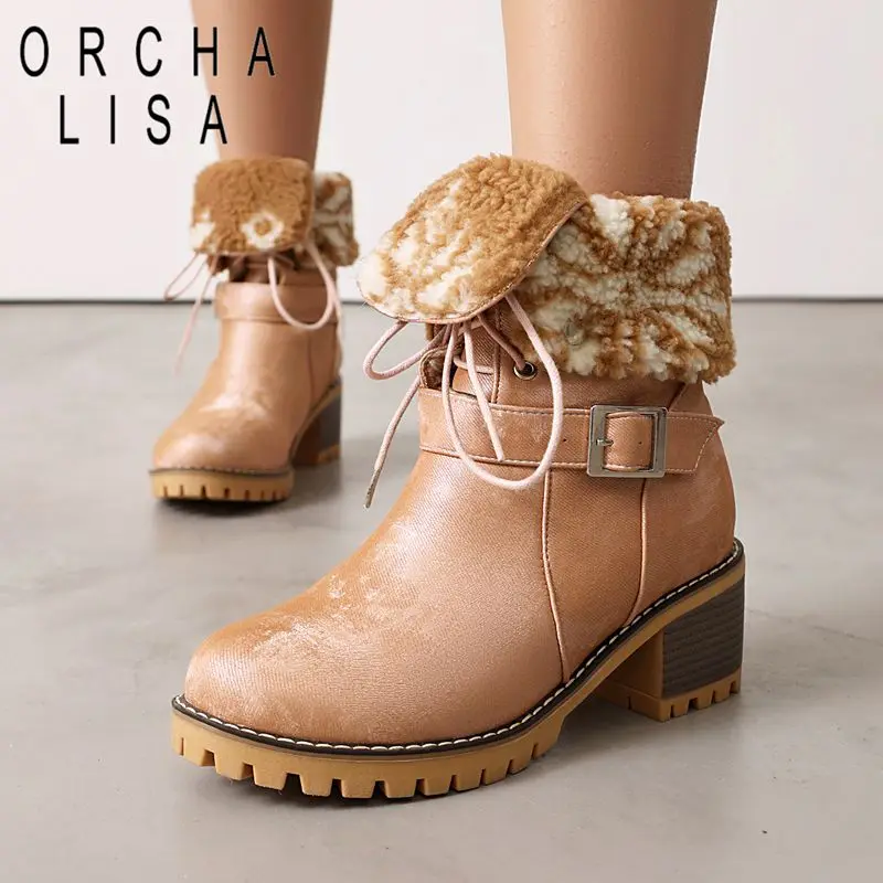 

ORCHA LISA 2025 Женские ботильоны с круглым носком 5,5 см на блочном каблуке со шнуровкой и пряжкой на ремне, большие размеры 41 42 43 для холодной зимы