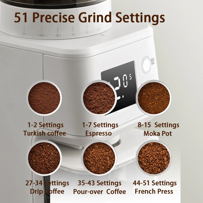 Petrus Electric Coffee Bean Grinder With 51 Precise Settings Stainless Steel Conical Burr Grinder With Digital Timer Display