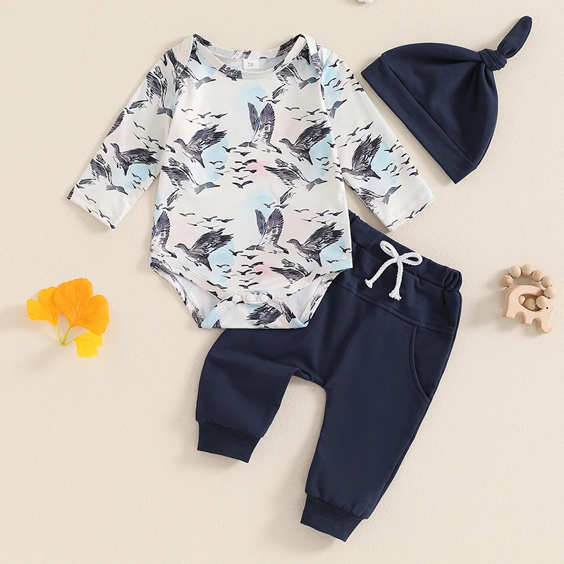 Motlapol Newborn Baby Boy Fall Winter Clothes Tractor Farm Animal Long Sleeve Romper Pants Hat 3Pcs Coming Home Outfit