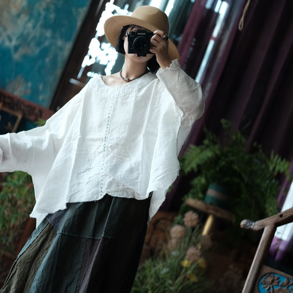 Übergroße Baumwolle Leinen Casual T-shirts Frauen Neue 2025, Frühling Vintage Stil Oansatz Lose Weibliche Batwing Hülse Tops Tees M684