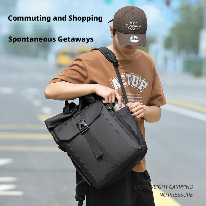 Men's Minimalist Roll Top Backpack PU Leather Color Block Commuter Daypack Waterproof Casual Travel Rucksack with Buckle Closure