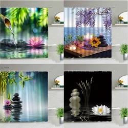 Zen Landscape Shower Curtains Flowers Plant Green Bamboo Black Stone Scenery Bathroom Decor Waterproof Cloth Hanging Curtain Set