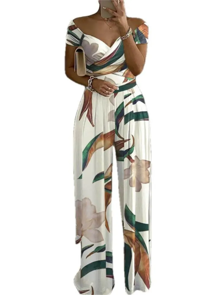 Summer New Printed One Shoulder Jumpsuits Women 2024 High Waist Short Sleeves Wide Leg Long Pants Slim Jumpsuit Ladies Commuting