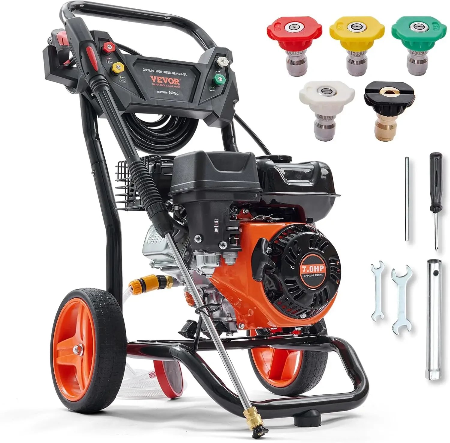 Gas Powered Pressure Washer 3400 PSI 2.6 GPM, with Spray Gun and Extension Wand, 5 Quick Connect Nozzles, Copper Pump