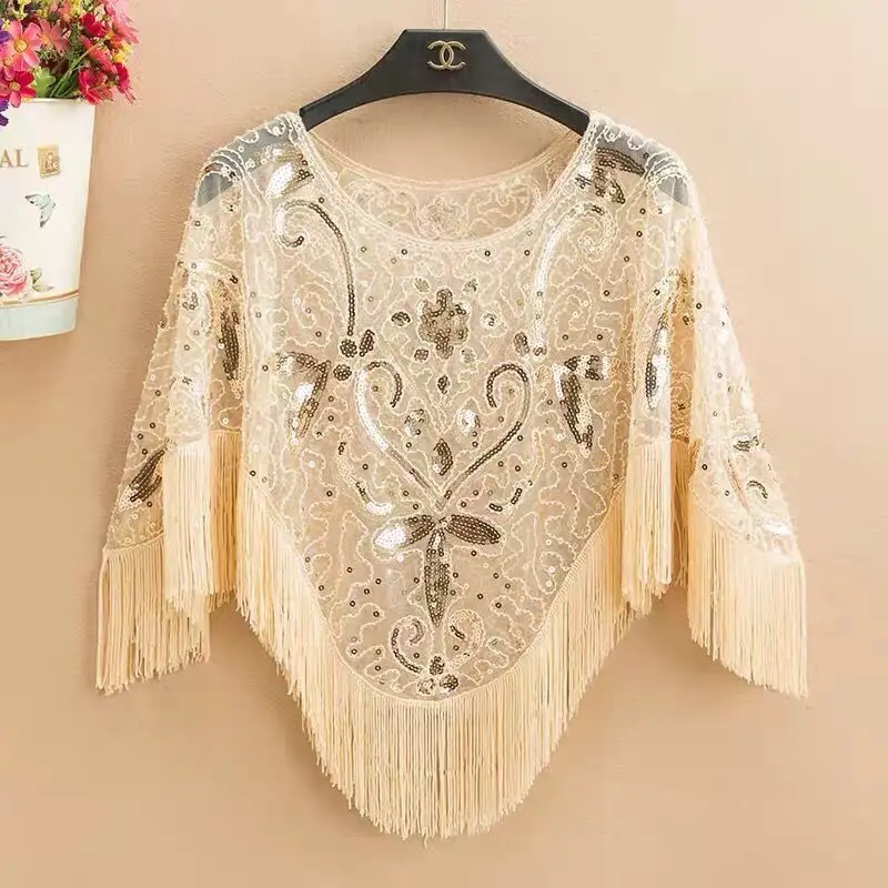 

Women's Capes & Ponchos Loose Bat Bat Shirt Summer Hoodie Shawl Tassel Top Cloak Sparkling Sunscreen Coat Embroidered