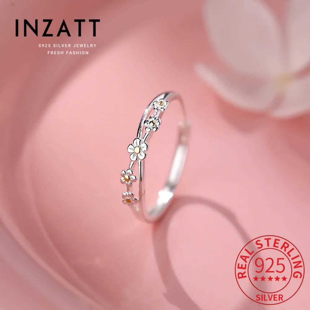 

INZATT Genuine 925 Sterling Silver Flower Adjustable Ring for Women Cute Fine Jewelry Light Luxury Plant Accessories
