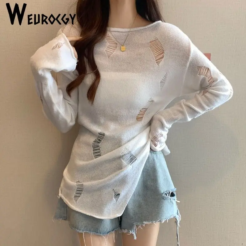 

2024 Autumn Korean Irregular Casual Silm New Slash Neck Hollow Out Knitted Sweater Women Sweet Y2k Split Pullovers Trendy Tops