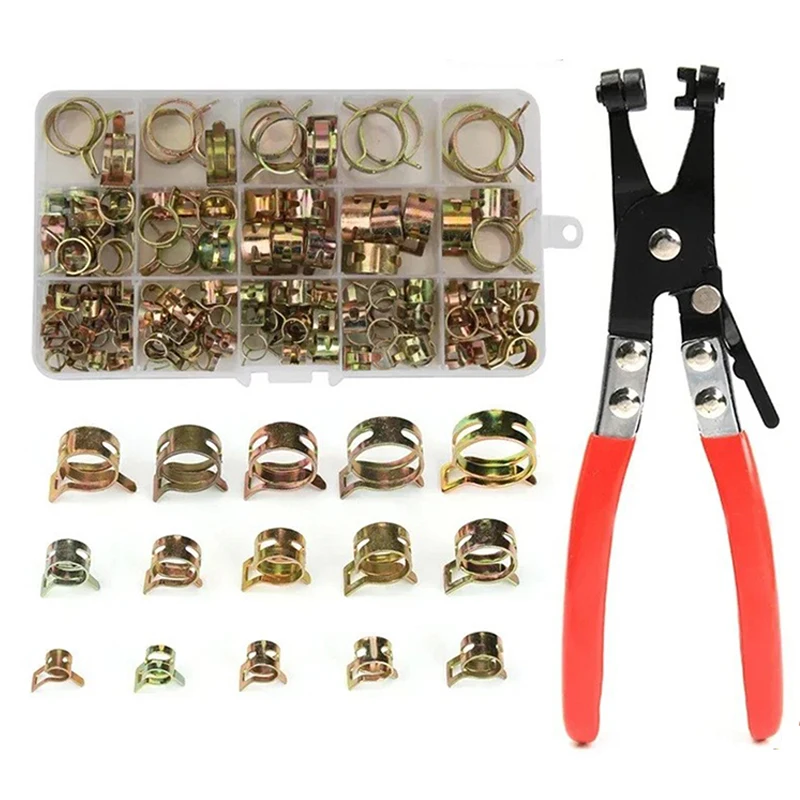 130個入り-スプリングホースクランプバンド-燃料ホースクリップ-シリコンパイプクランプ-6mm-22mm-クランププライヤー1個付き