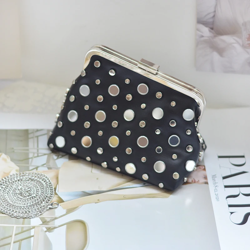Hot Selling Luxury Trendy Black PU Shoulder Crossbody Bag Irregular Stud Chain Small Bling Hand Bags for Women