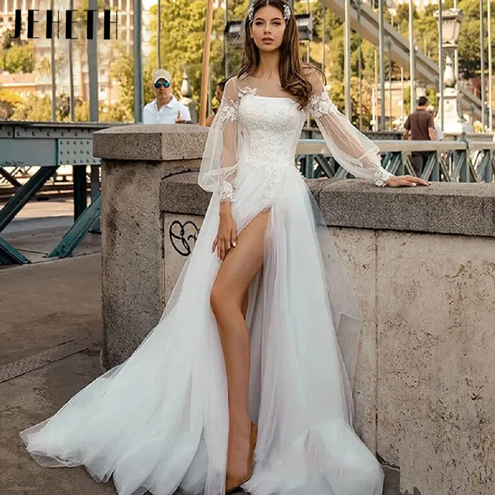 JEHETH Classic Side split Pull maniche a sbuffo abiti da sposa 2024 Boho a-line Tulle abito da sposa bottone Custom Made Robe De MarieeJEHETH Classic Side split Pull maniche a sbuffo abiti da sposa 2024 Boho a-line Tul