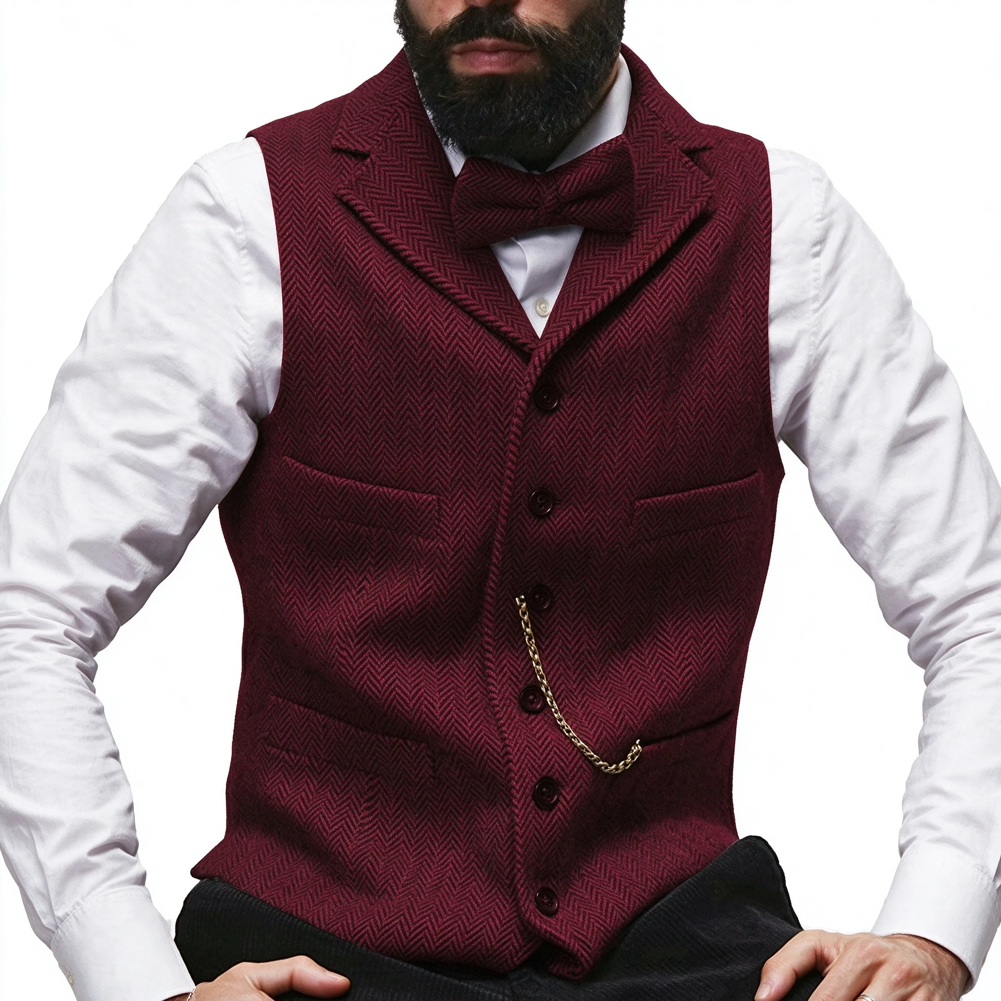 Mens Suit Vest Lapel V Neck Wool Herringbone Casual Formal Business Vest Waistcoat Groomman For Wedding Green/Burgundy/Brown