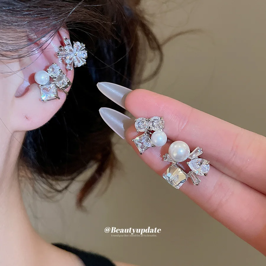 Kaltwetter-Zirkon-Blumen-Perlen-Ohrclips – Ins-Trend, ohne Ohrloch, Ohrknochen-Clips, leichter Luxus, High-End-Ohrringe, Perlenschmuck