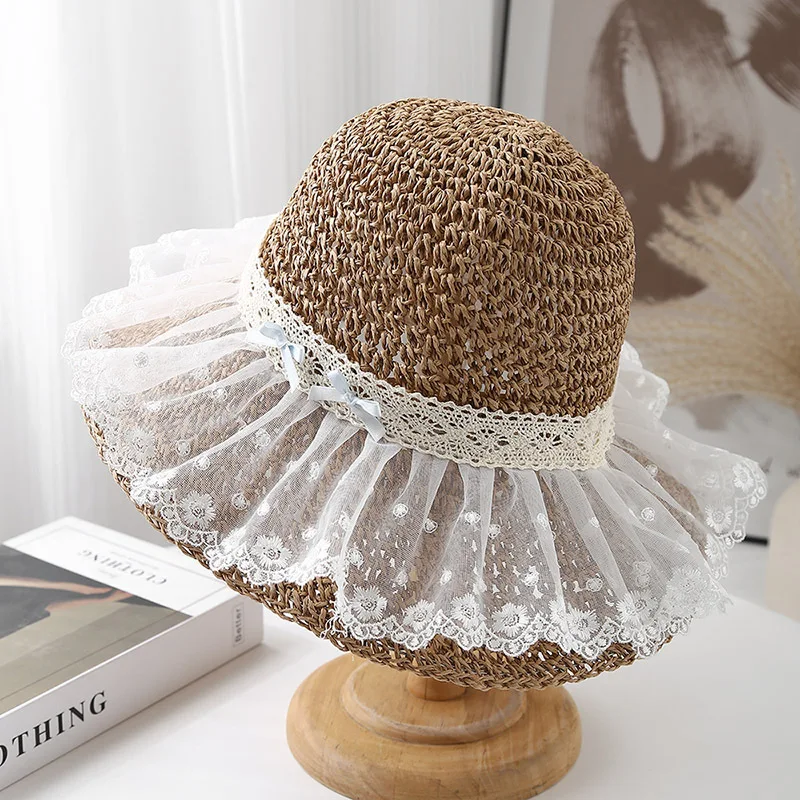 Cappello da pescatore Cappello estivo da donna Cappello da sole in paglia con fiocco in pizzo Cappello da pescatore Protezione solare a tesa larga Accessori da spiaggia per le vacanze al mare