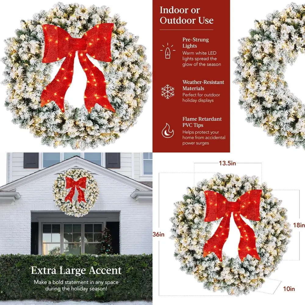 

Large 36-inch Flocked Artificial Pre-Lit Fir Christmas Wreath with Red Accents for Door and Mantel Holiday Decorations