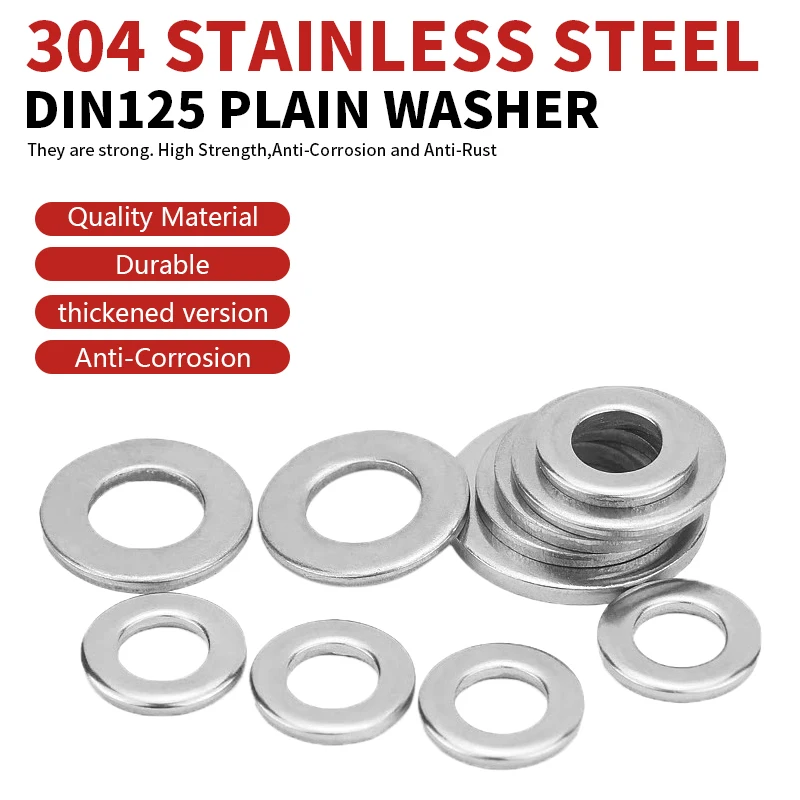 DIN125 Plain Washers 304 Stainless Steel M2 M2.5 M3 M3 M4 M5 M6 M8 M10 M12 M14 M16 M18 M20 M22 M24 M27 M30Flat Washers for Screw