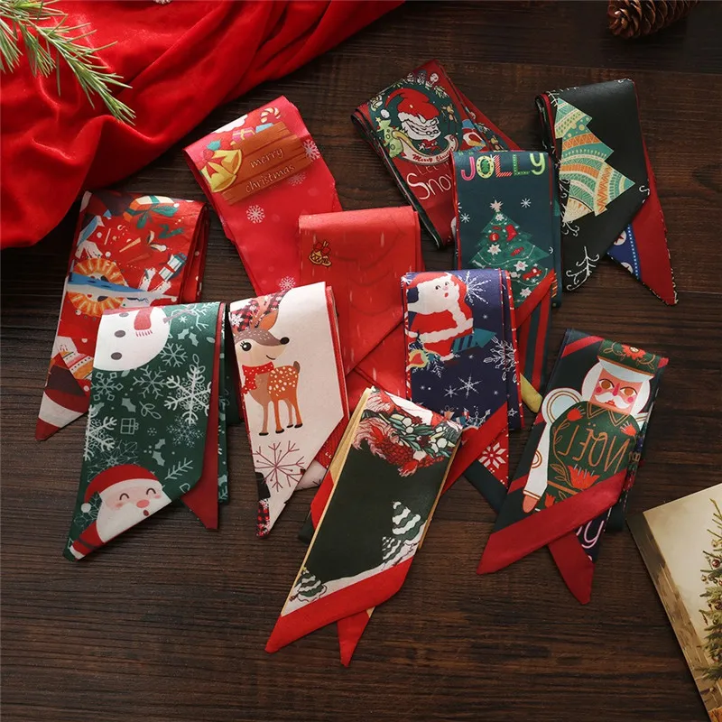 

5Pcs 6x85cm Christmas Headband Long Silk Scarf Ribbon Cartoon Bows Scarf Xmas Party Gift Box Packaging Tape Decoration