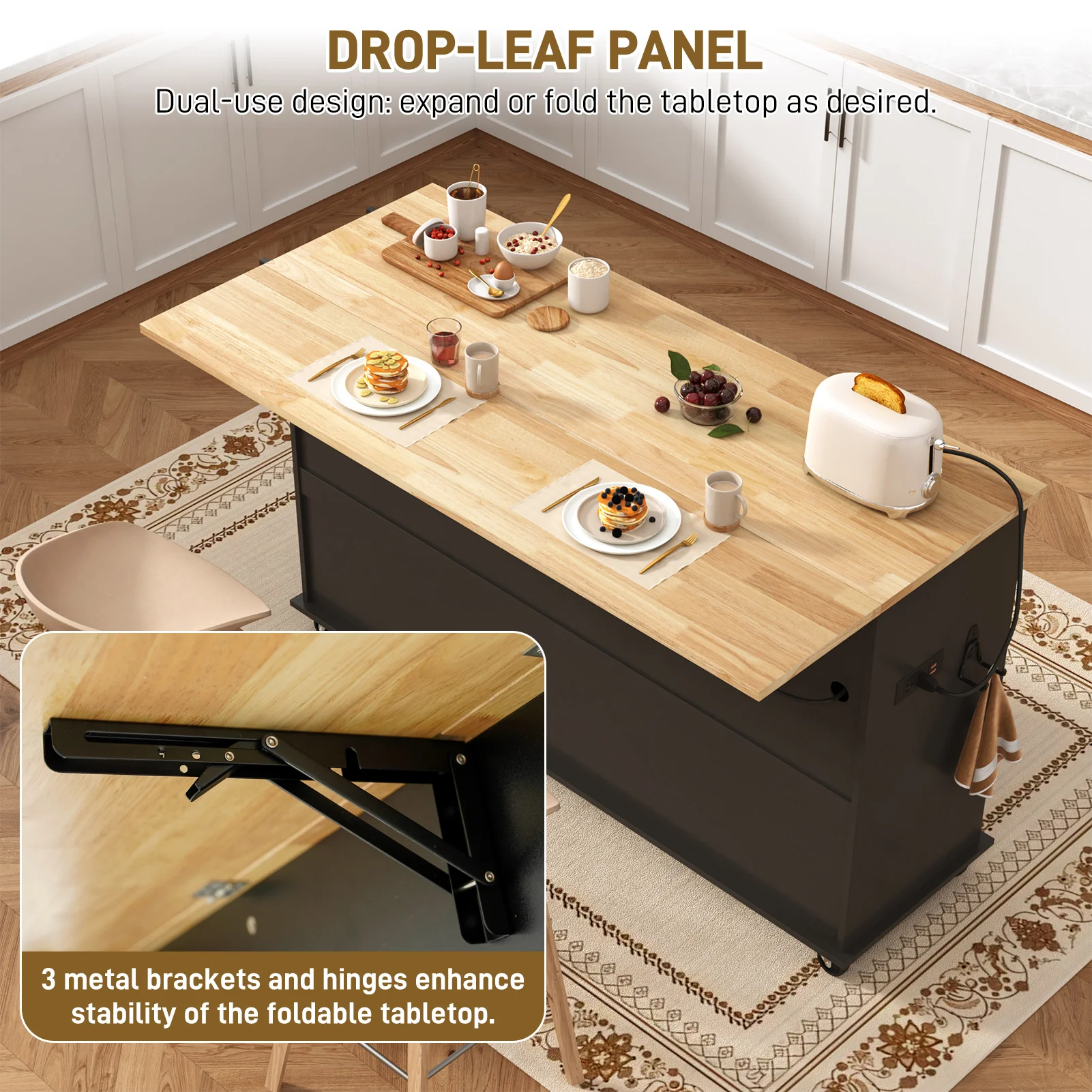 جزيرة مطبخ مقاس 59 بوصة على عجلات، عربة جزيرة مطبخ دوارة مع سطح طاولة من أوراق الشجر، جزيرة مطبخ متنقلة محمولة #5