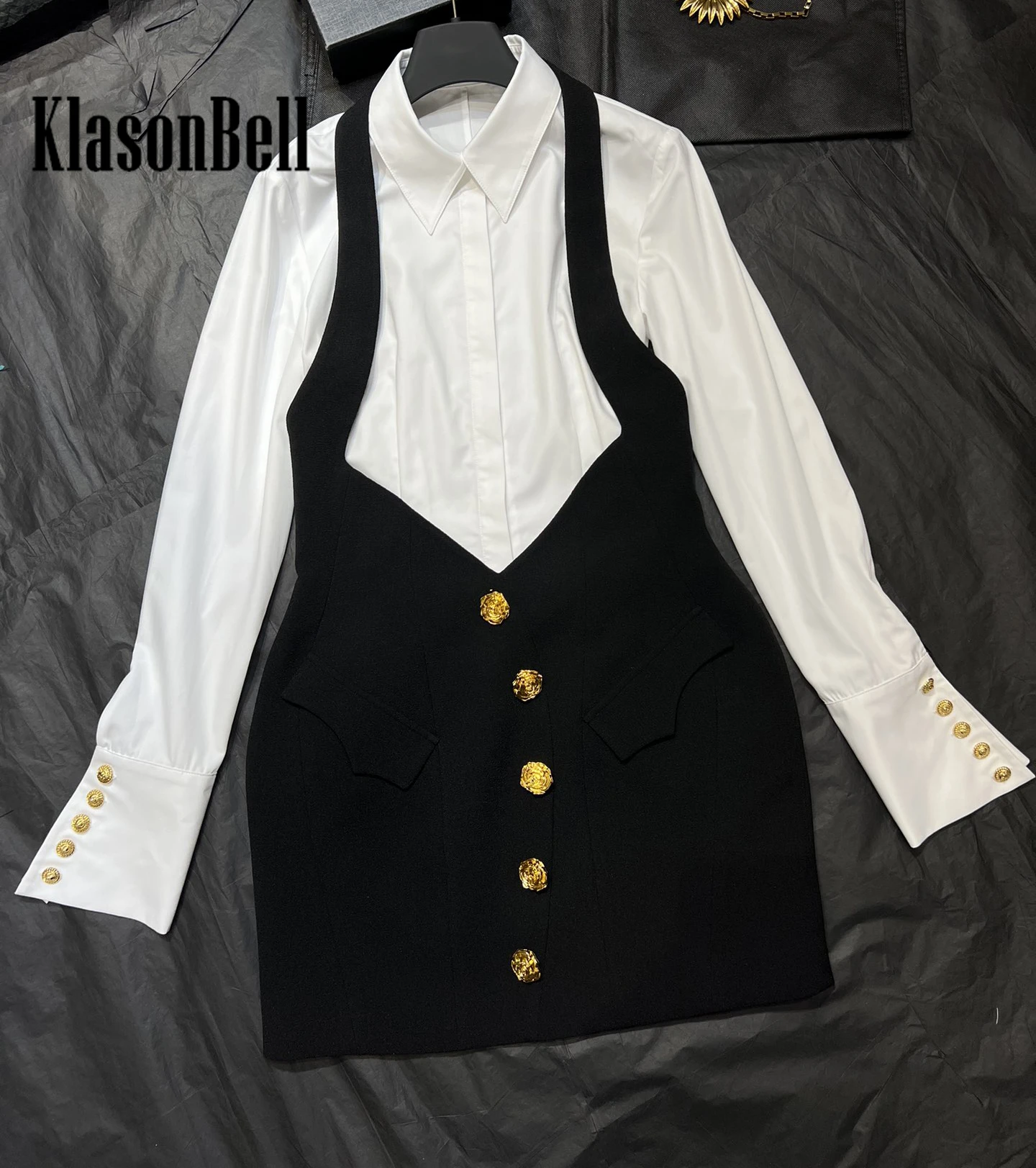 5.2 KlasonBell Vintage Elegant Collect Waist White Cotton Shirt Or Rose Flower Gold Button Halter Suspender Skirt Set Women