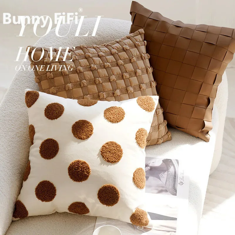 Hochwertiger nordischer Kissenbezug mit Polka Dots in Braun, dekorativer Kissenbezug aus Chenille-Samt, weiche Kissenhülle für Sofa, Bett, Wohnzimmerdekoration