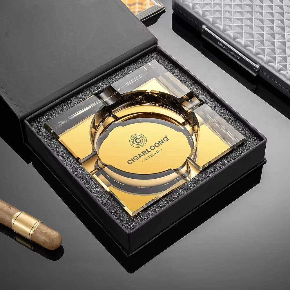 4 Slot Crystal Glass Cigar Ashtray,Large Caliber Cigar Rest with Anti-Slip Bottom,Heavy Duty Tabletop Ashtray for Lounge Bar