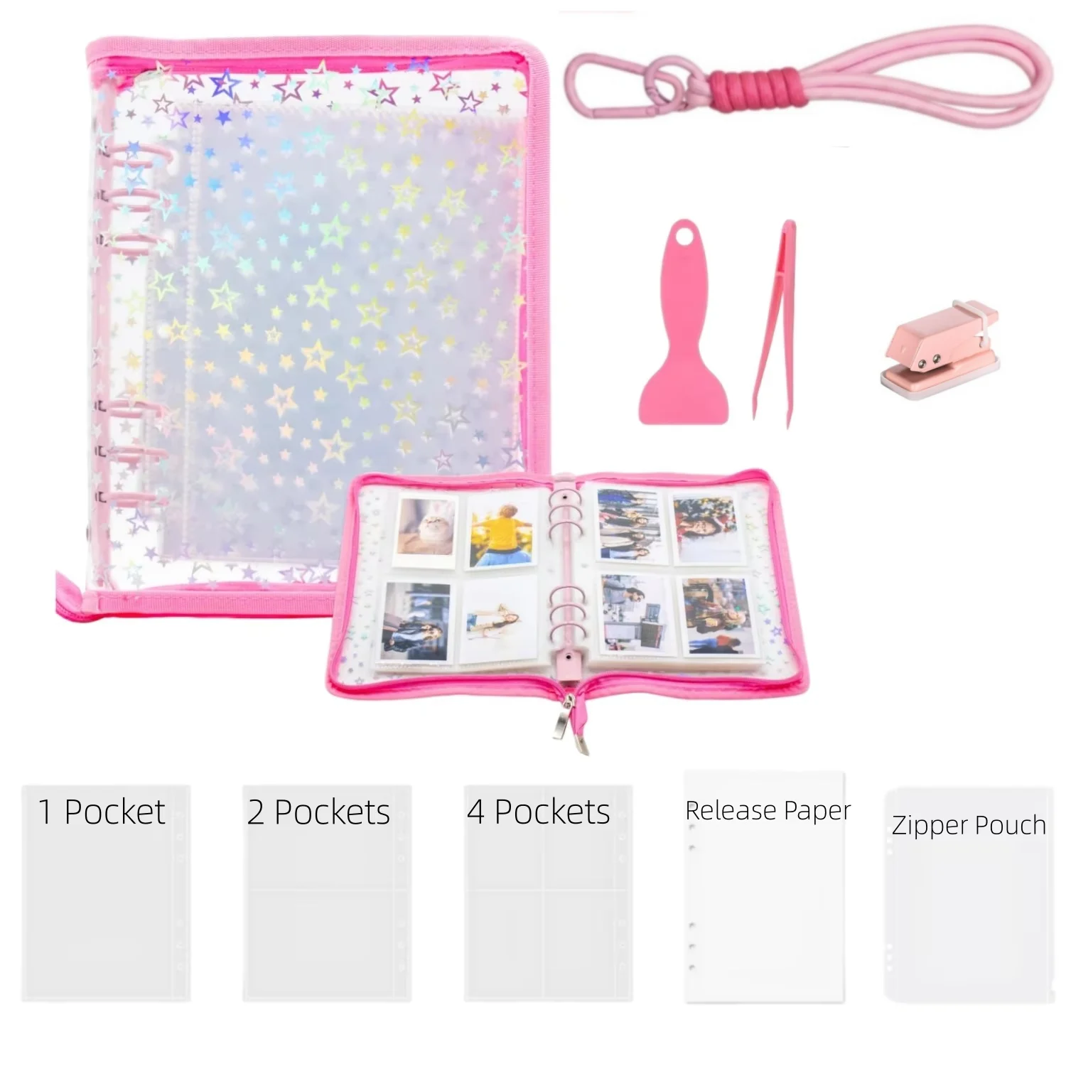 A5 Aufkleber Sammelalbum 9 in 1 Sticker Aufbewahrungsorganizer Sammelordner mit Transparenten Hüllen Wiederverwendbar Aufkleberbuch mit Reißverschluss Zubehör Mini Lochstanzer Lanyard Ablösepapier