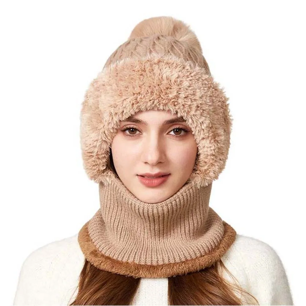 

Casual Plush Winter Cap Mask Set Solid Color Thicken Warm 2in1 Scarf Hat Windproof Neck Protector Balaclavas Hat Outdoor