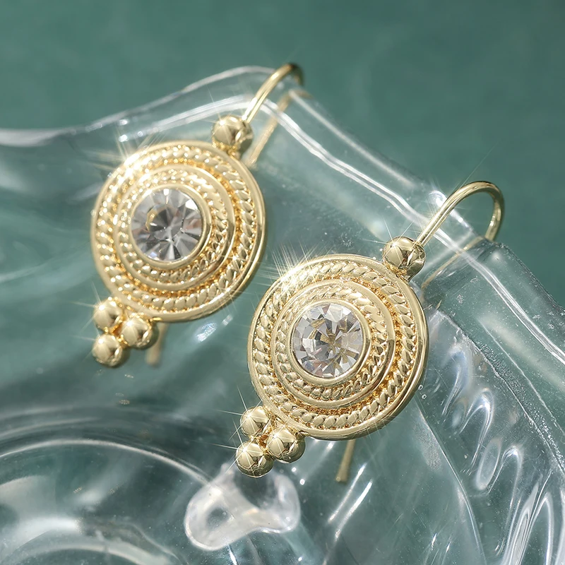 Ethnic Style Inlaid Dazzle Synthetic Zirconia Golden Pendant Earrings for Women Vintage Temperament Festival Celebration Jewelry