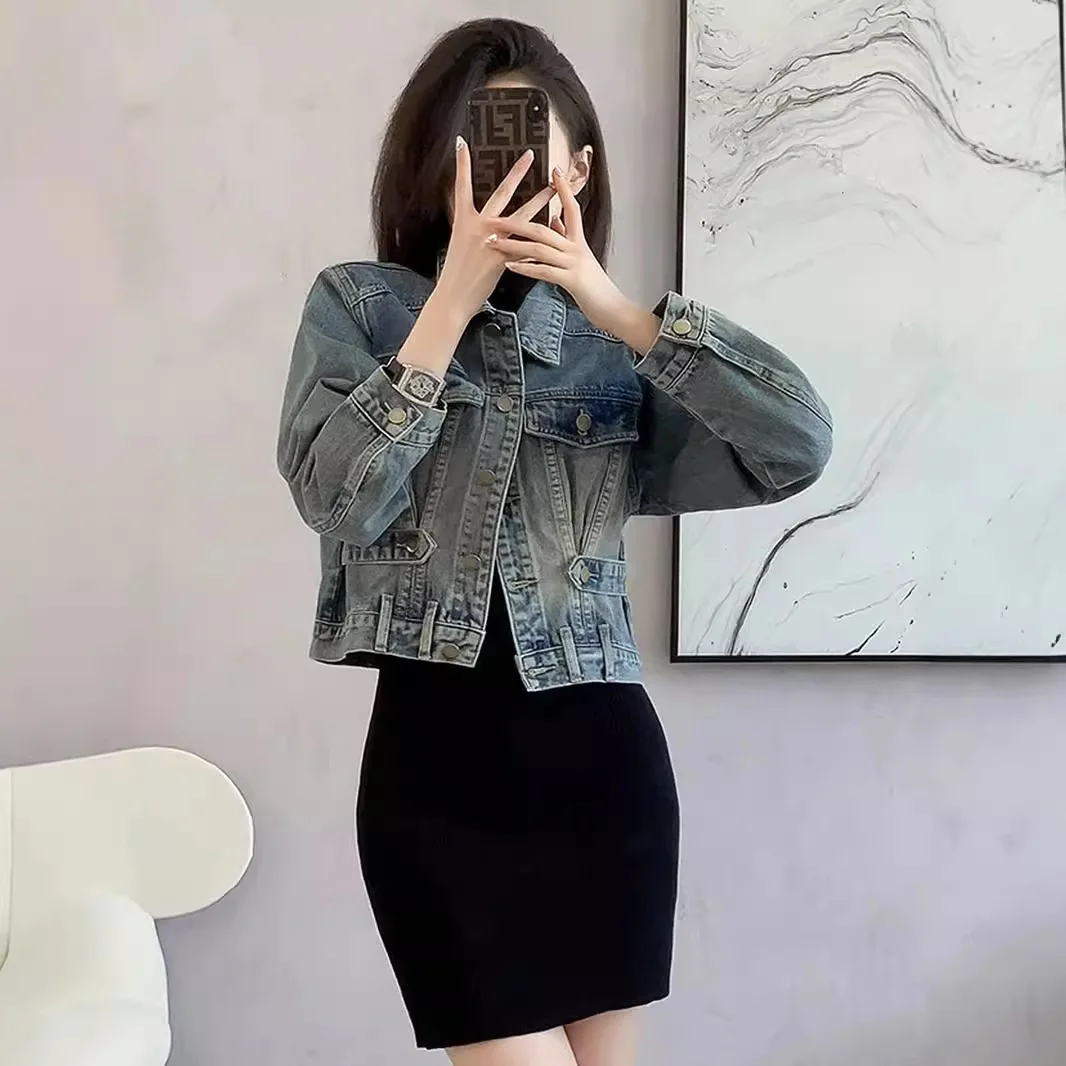 

Denim Coat Women Short Jackets Outerwear Single Breasted Turn Down Collar Pockets Distressed Washed Streetwear 2025 Autumn