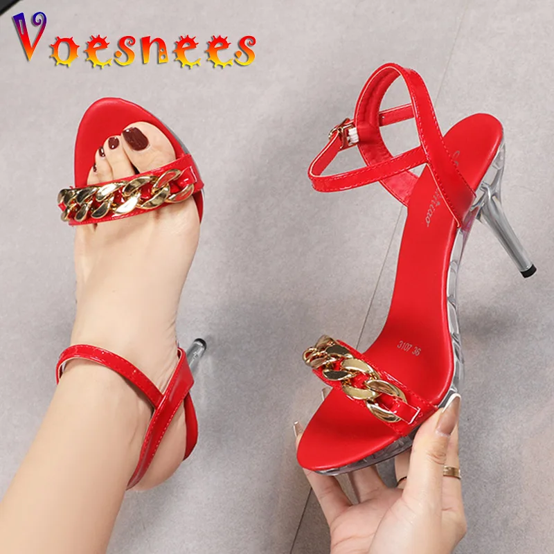 Voesnees High Quality Gold Chain Design Women Sandals Summer Beach Party Shoes Plus Size Transparent Platform 9.5CM Stilettos