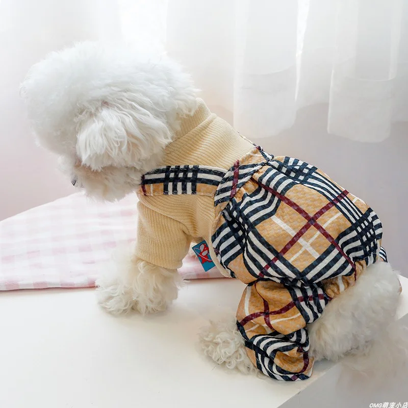 1PC pet clothing, cat spring and autumn toffee coffee plaid patchwork four legged pants suitable for small and medium-sized dogs