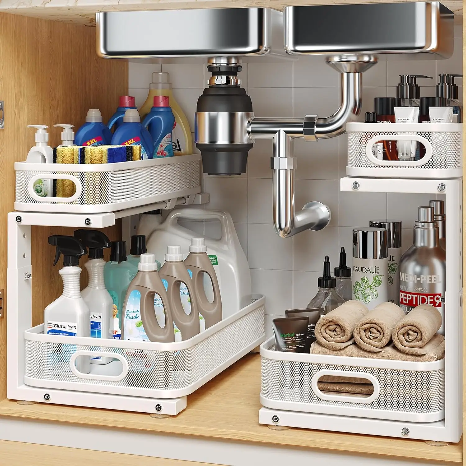 

2-Tier Pull-Out Under Sink Organizer with Adjustable Height, Rust-Resistant Coating for Kitchen & Bathroom Storage