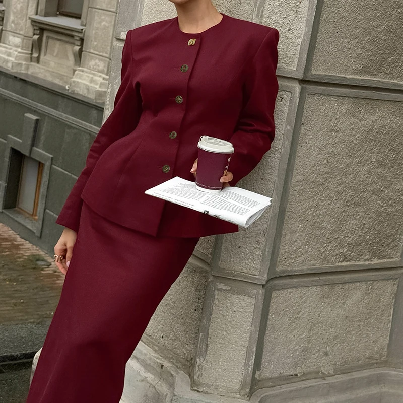 

Sexy Pleated Women's Outfits Vintage Claret Slim Commute 2 Piece Sets Spring Summer New O-neck Long Sleeve Tops&Half Skirts Sets