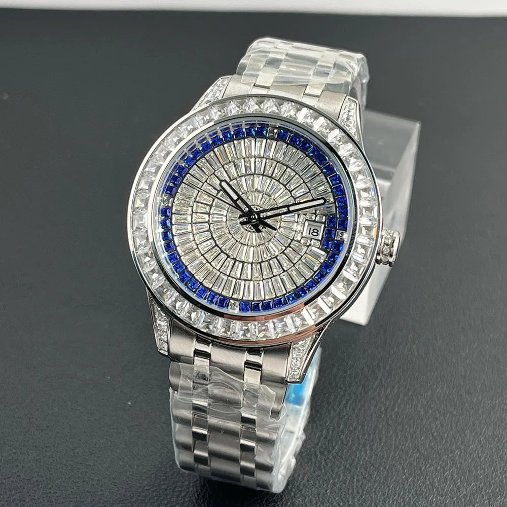 42MM Deluxe Diamond Set with Silver Strap and Silver Blue Dial Automatic Mechanical Men\'s Watch Shining Dial Button