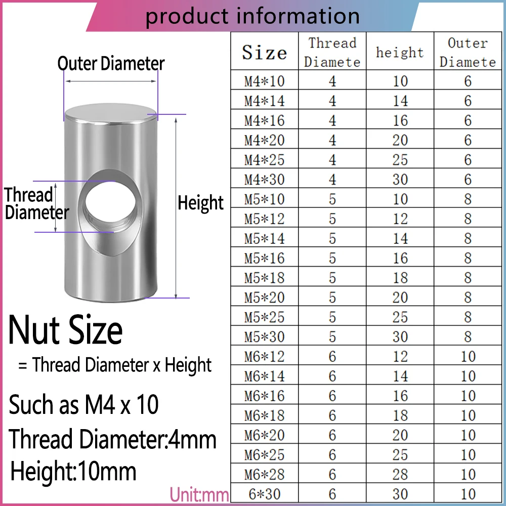 304 Stainless Steel Cross Hole Barrel Nut M4 M5 M6 Cylindrical Pin Dowel Wood Furniture Accessories  Embedded Locking Long Nuts