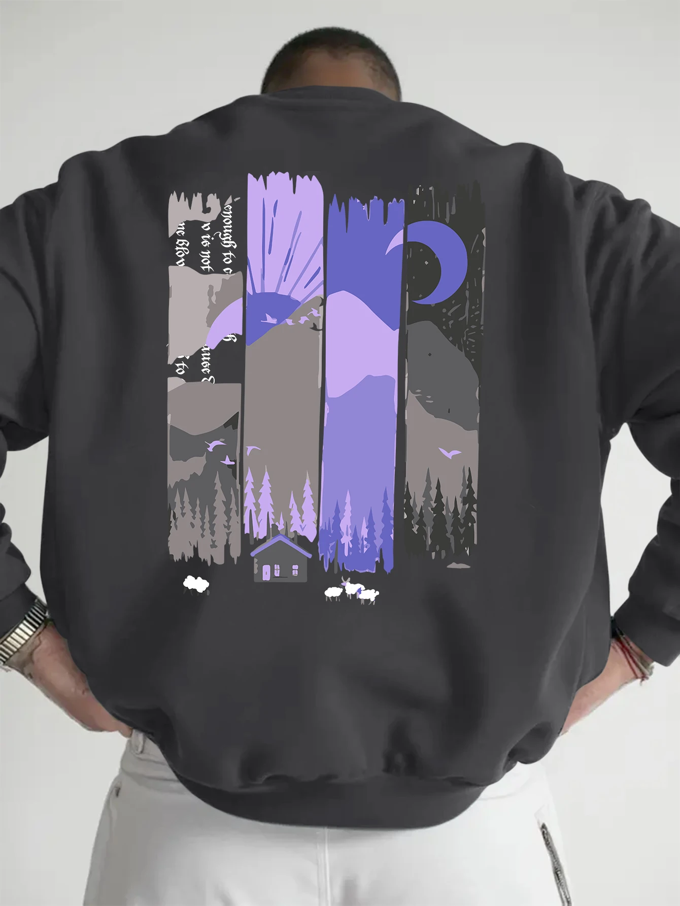 Men Mountain Cabin Forest Sweatshirt Four Vertical Panel Sun Moon Landscape Graphic Crewneck Purple WildernessAestheticOversized