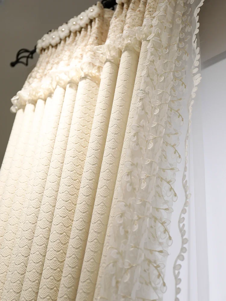 Light French Jacquard Custom Chenille Cream Breeze Curtains for Living Dining Room Bedroom Premium Feeling Princess Blackout