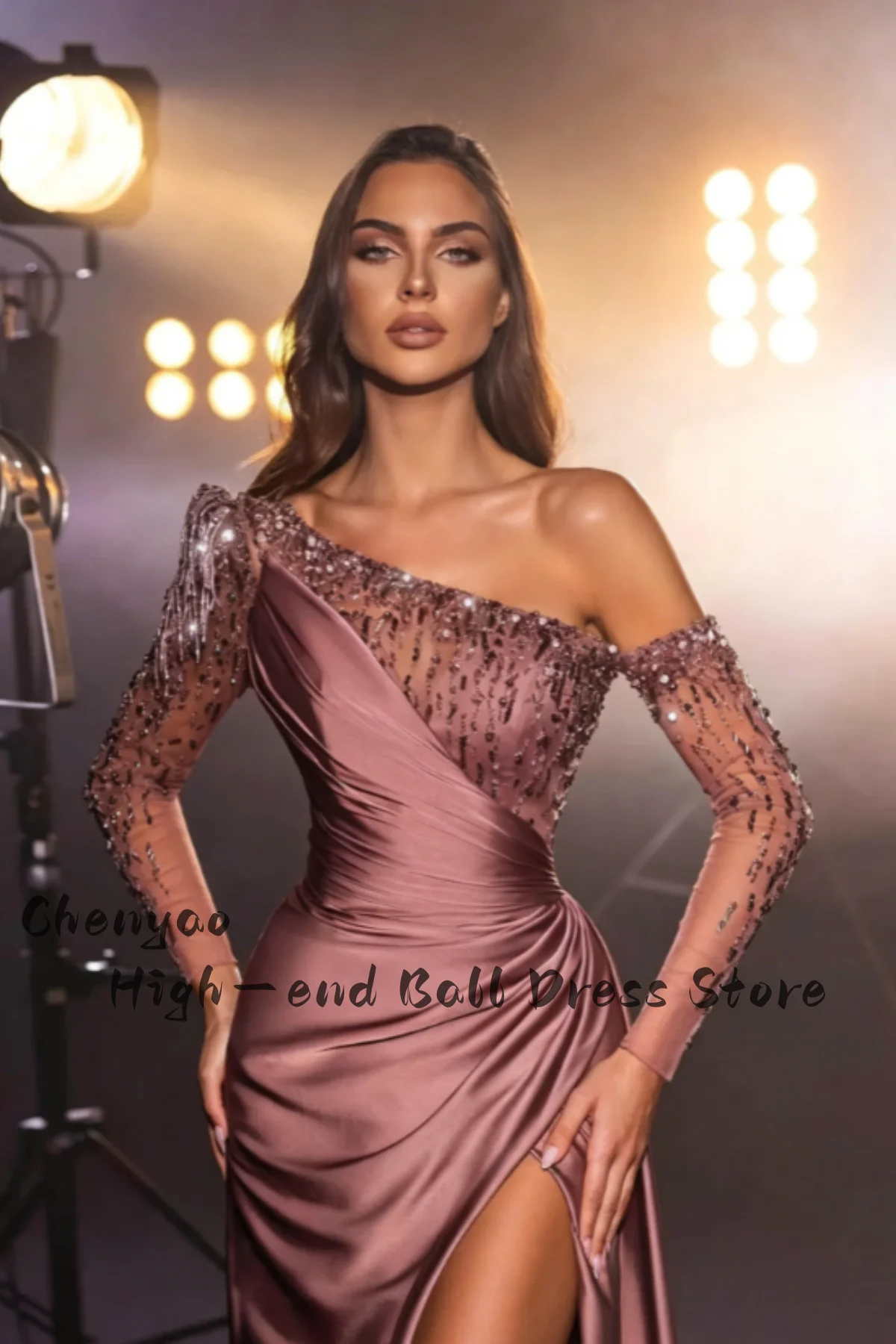 

Customized Elegant Long Sleeve Evening Dresses Quinceanera Sexy Off-Shoulder Beaded Prom Pleats Dress Gowns tidos de novia