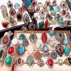 10/20Pcs Vintage Artificial Gemstone Inlay Alloy Women's Ring Exaggerate Mixed Style Finger Accessories Fashion Jewelry Gifts