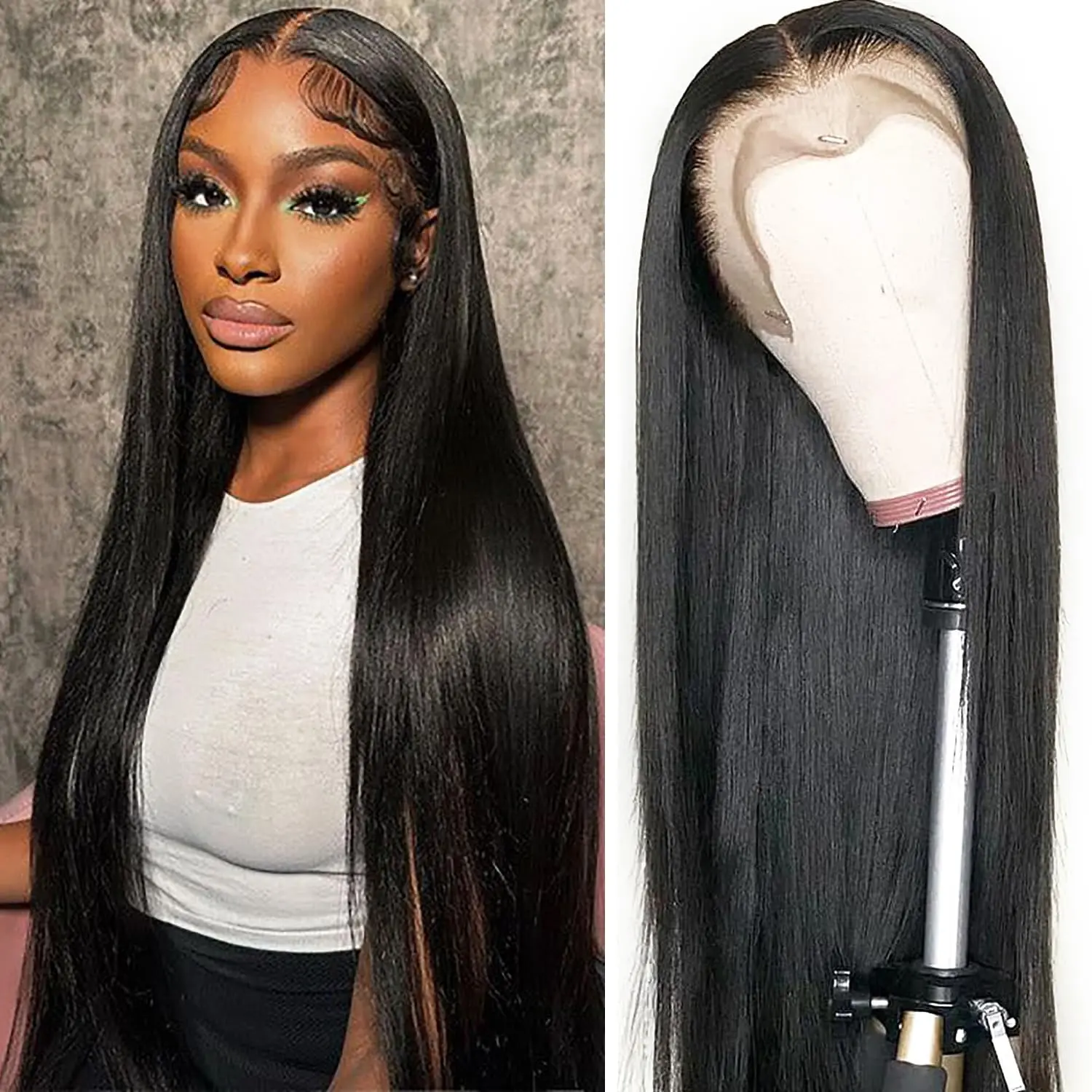 

Straight Lace Front Wigs Human Hair Pre Plucked 180% Density 13x4 HD Lace Frontal Glueless Wig Women Natural Black Color 30 Inch
